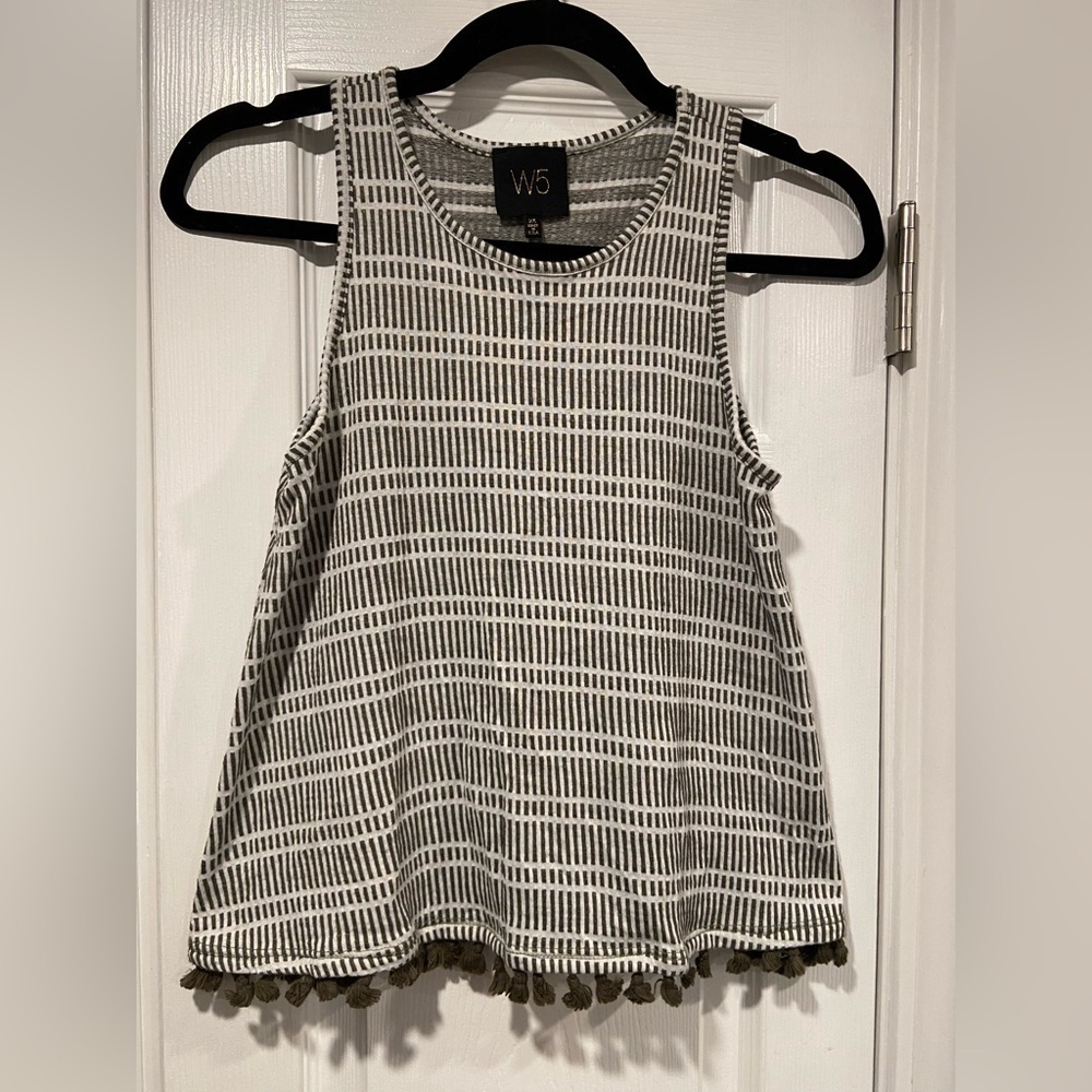 W5 Anthropologie Size XS Olive Green White Stripe Tassel Hem Sleeveless Tank Top
